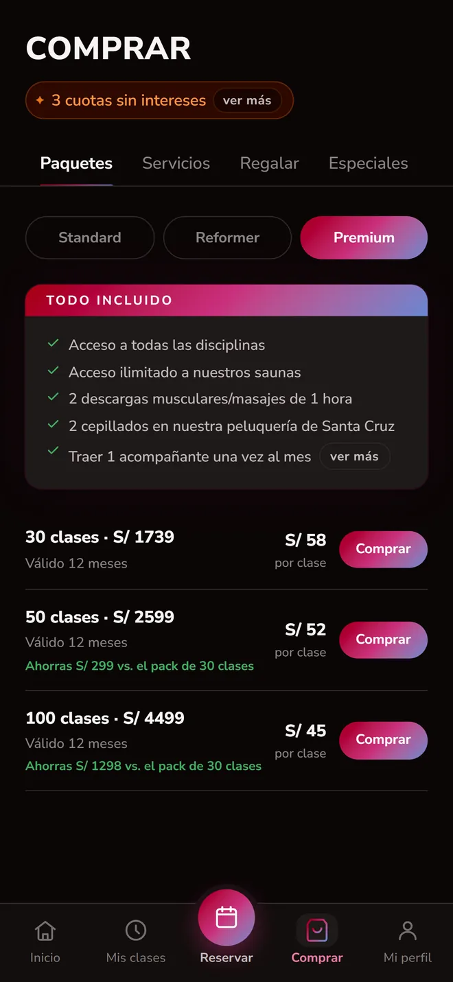 Pantalla de compra de LIFT+: los paquetes de clases con lo que incluye cada uno.